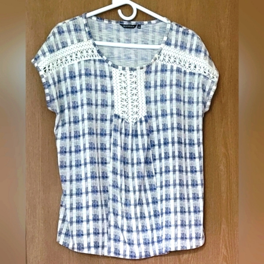 Hannah crocheted soft blue&white shirt Large